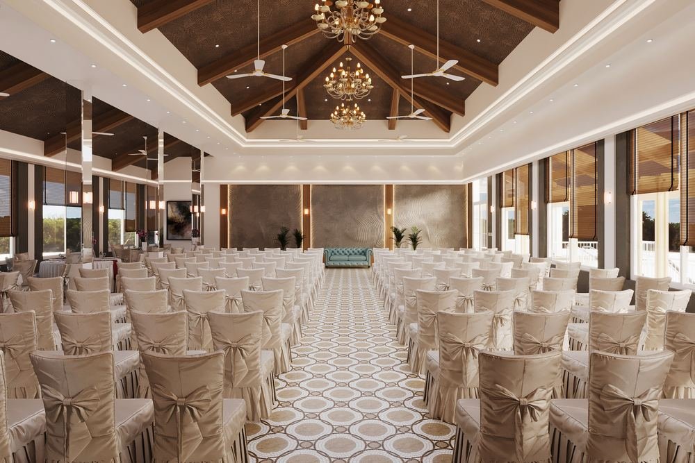 Banquet space set beneath the open ceiling