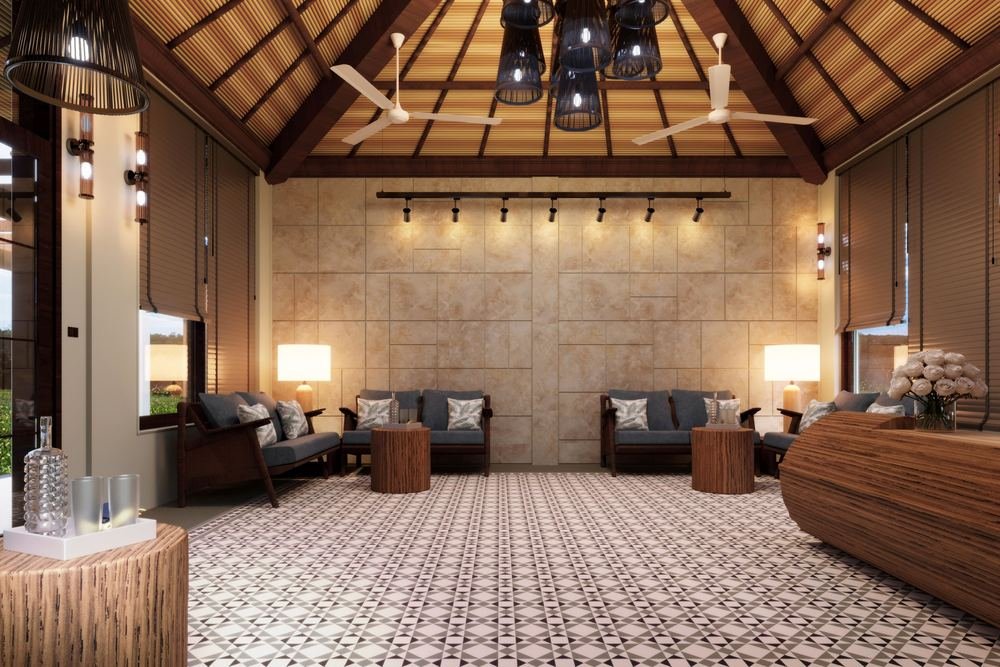 Lounge on patterned stone flooring