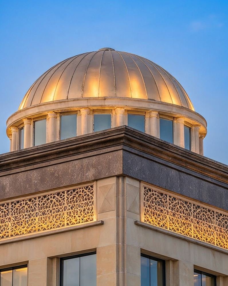 The dome and jaali band lit at dusk