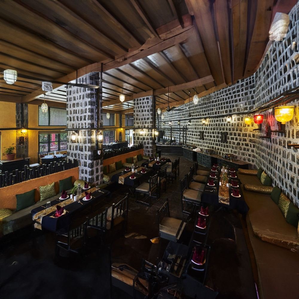 Bar and restaurant behind a brick lattice