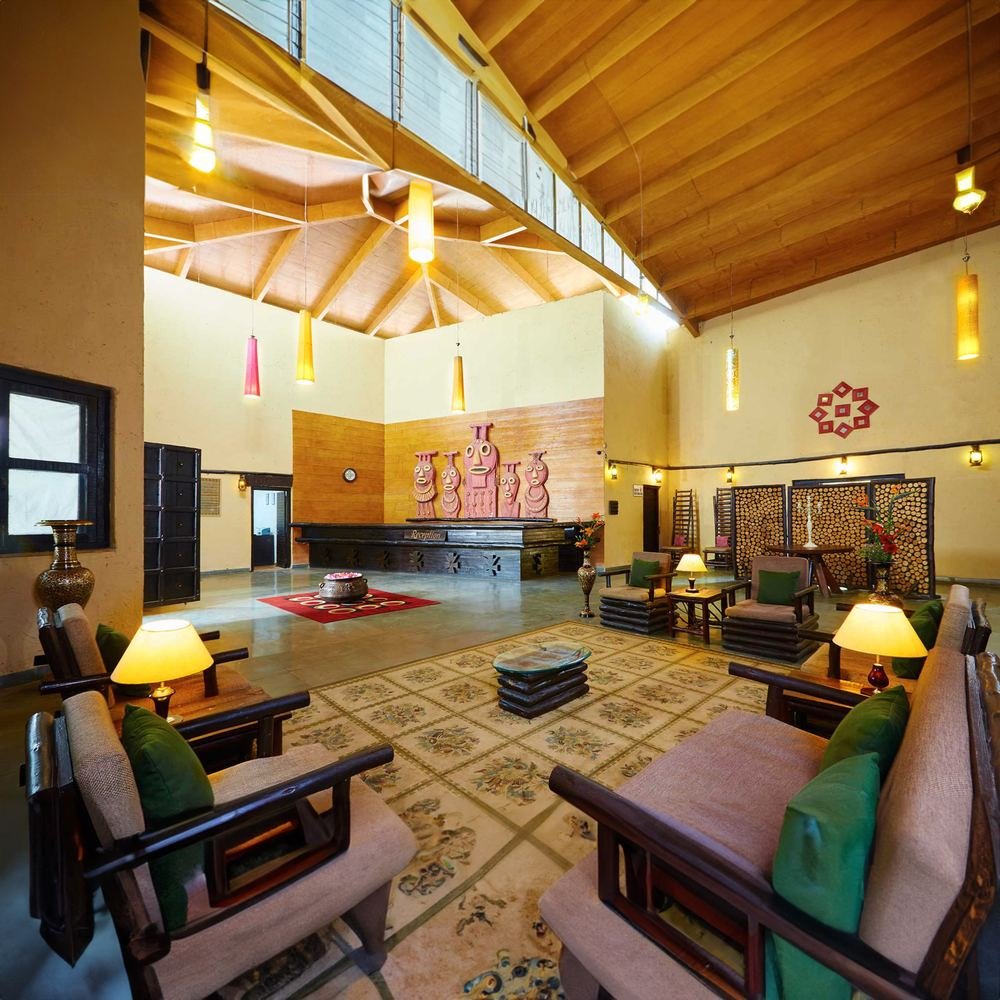 Lobby under a colour-washed ceiling