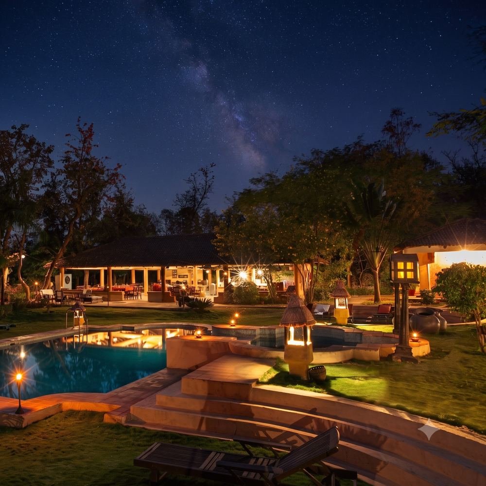 The pool at night under the Milky Way