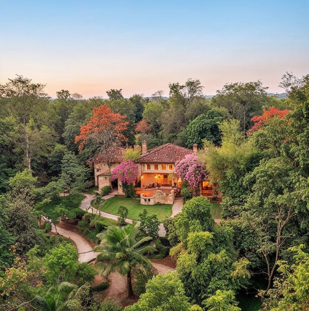 Cottages within standing forest at dusk