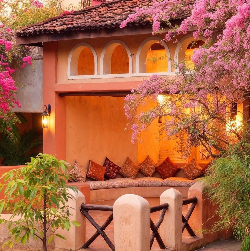 Cottage terrace and cushioned seat