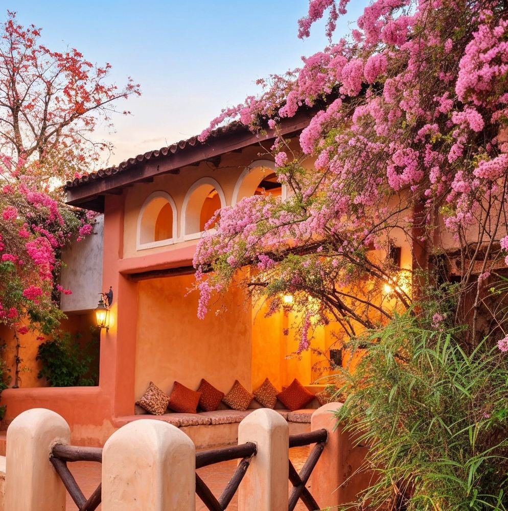 Cottage under bougainvillea in the evening