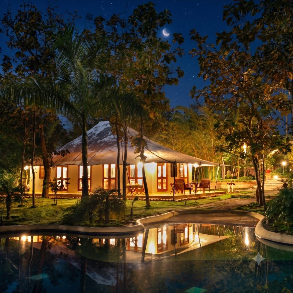 Restaurant pavilion beside the pool at night