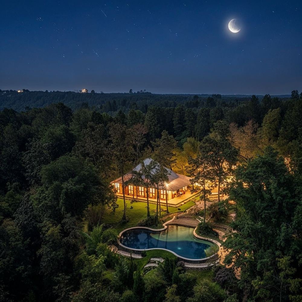 The resort from the air under a crescent moon