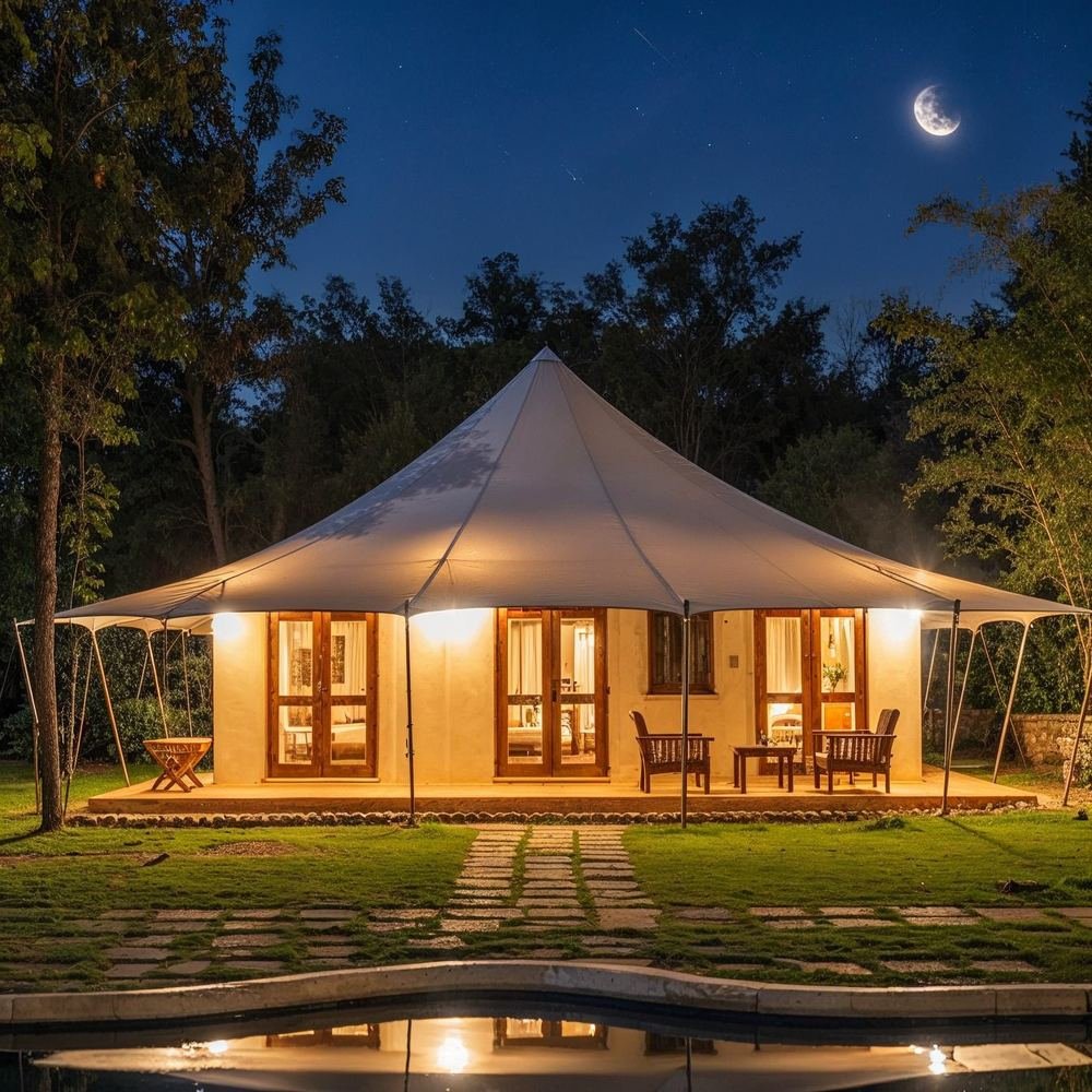 Tent lit beside its plunge pool
