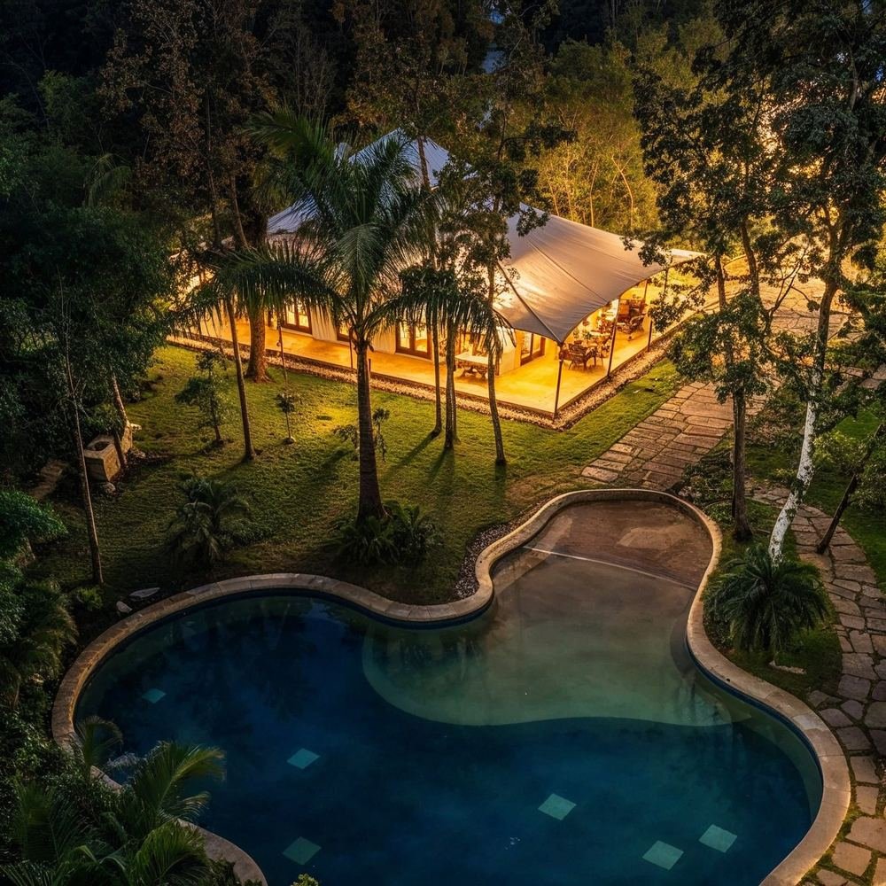 The pool and pavilion from above at night