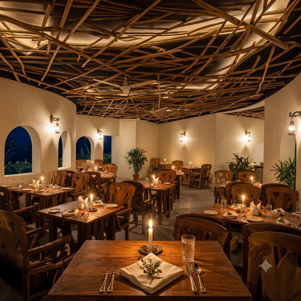 Specialty restaurant under a woven bamboo lattice