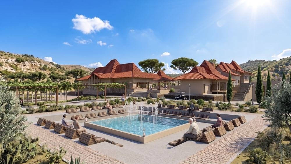 Pool court with fountain jets