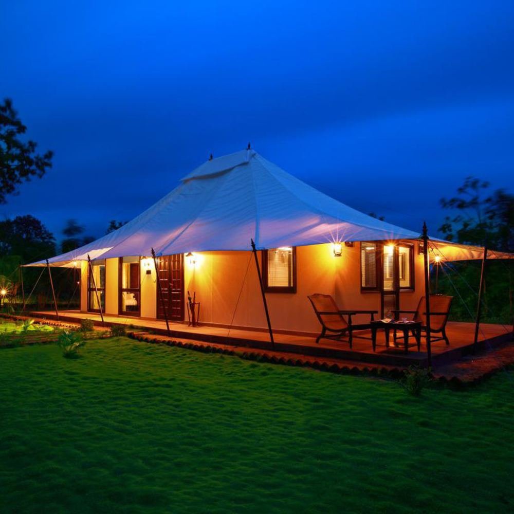 Tented accommodation at nightfall