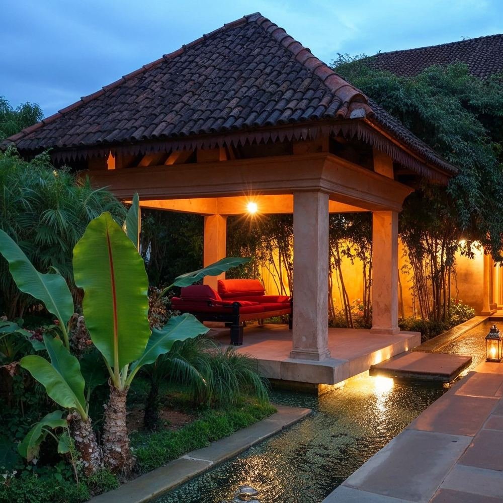 Pavilion and water channel after dark