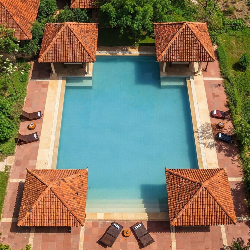 The pool and its four pavilions from above