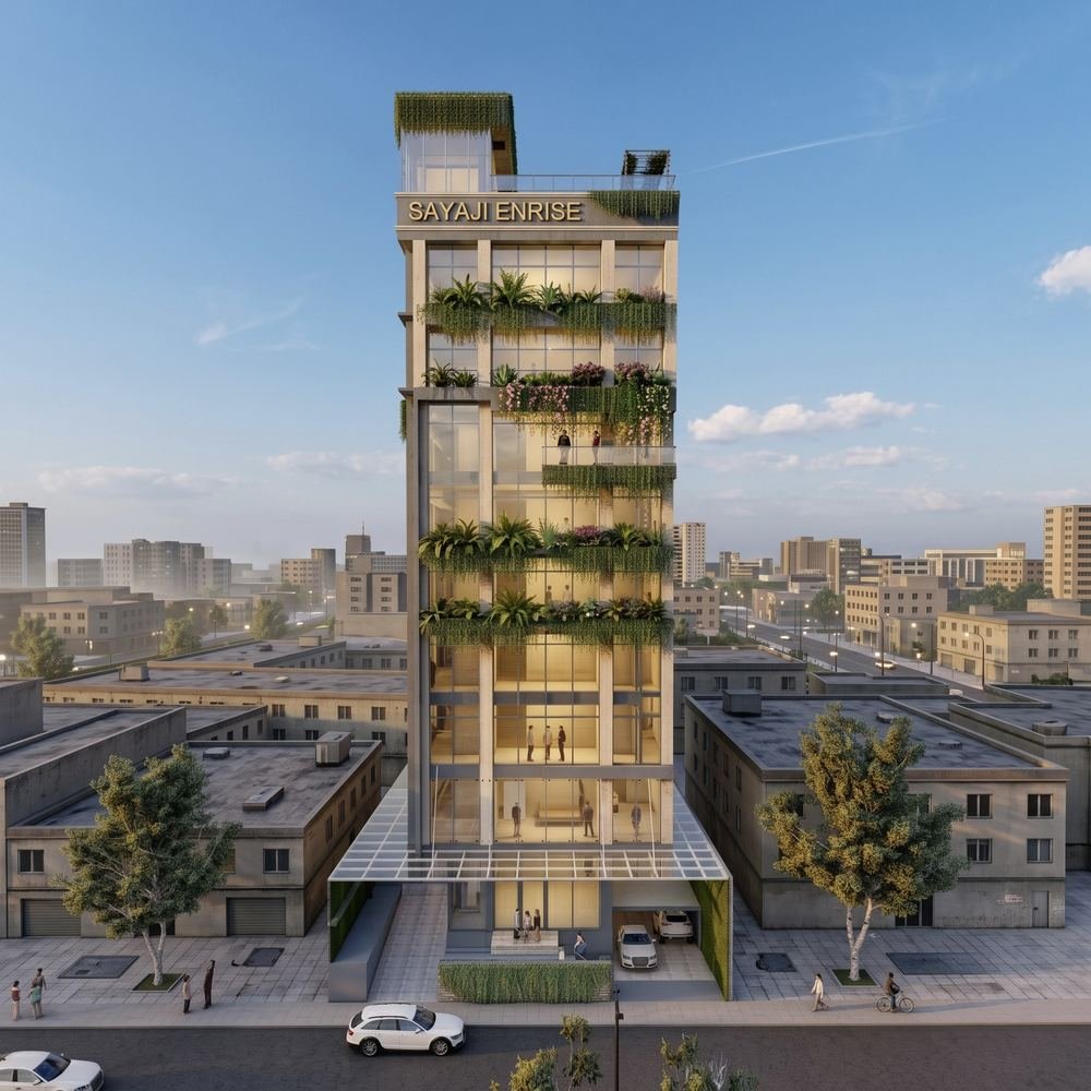 Biophilic facade of cascading planters — design visualization