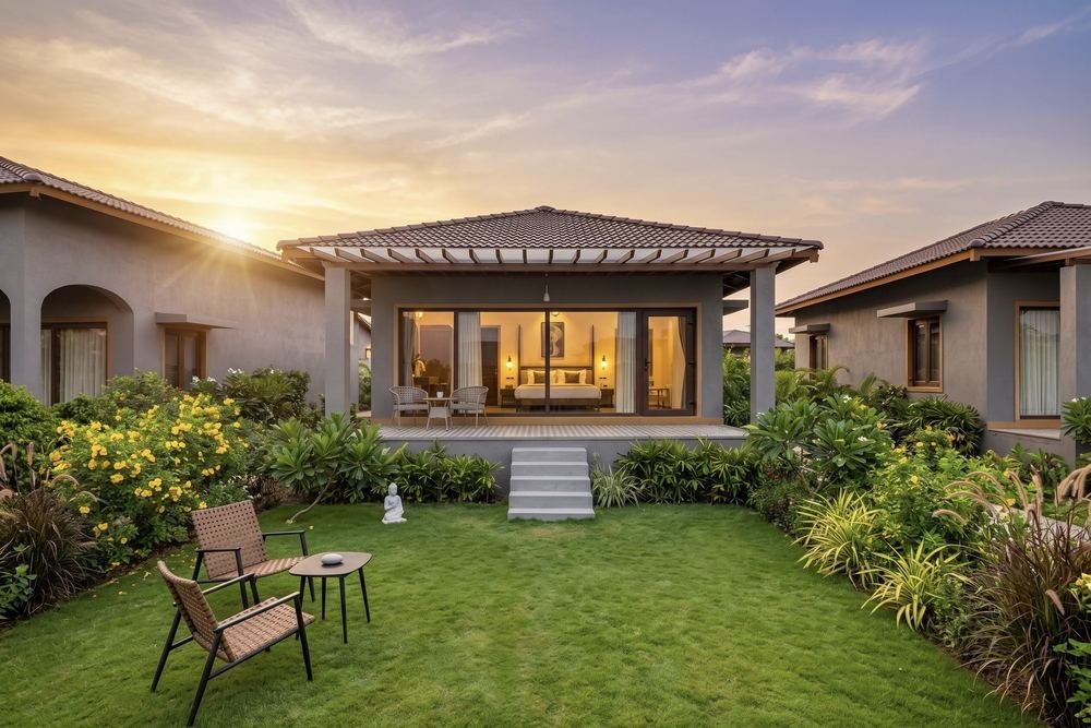 Cottage and private garden at sunset